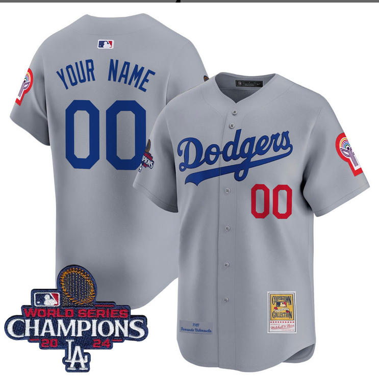 Men MLB Los Angeles Dodgers Custom grey 2024 World Series Champions Patch Cooperstown Jersey